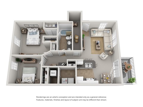 Floor plan for 2 beds, 1 bath, 982 sqft